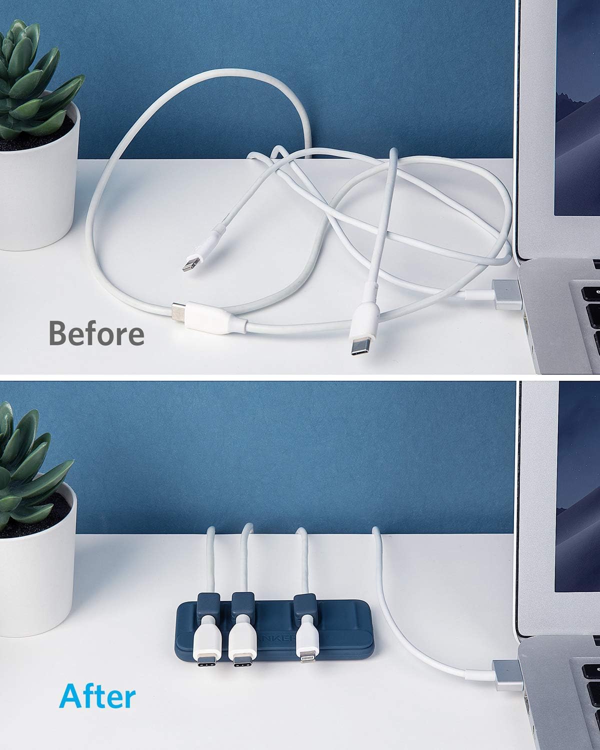 Anker magnetic cable management clips organizing USB-C Lightning and Micro-USB cables